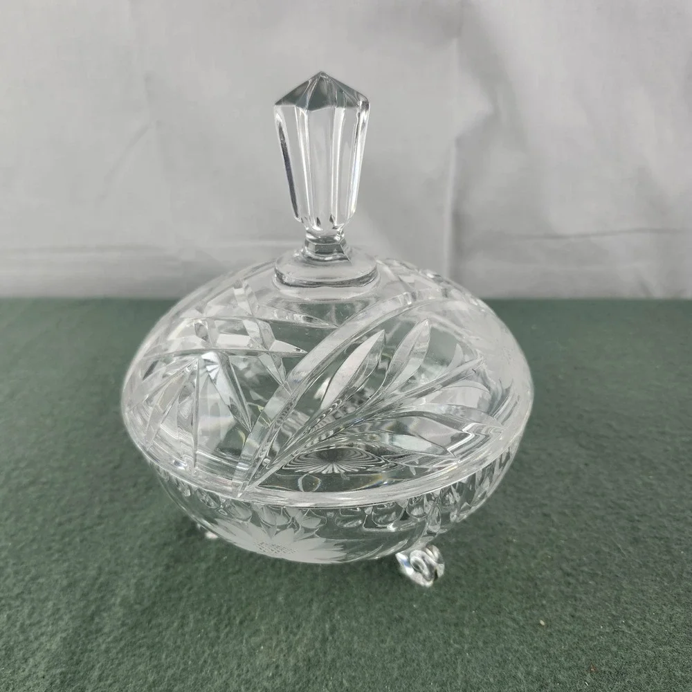 Vintage Oval Footed Crystal Clear  Floral cut 7